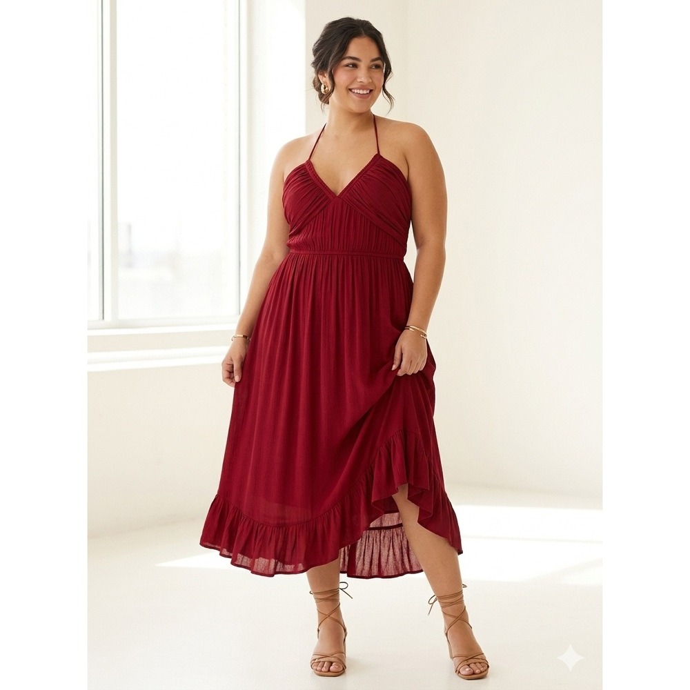 Anthropologie Red Pleated Halter Maxi Dress Smocked Back Ruffle Hem XL